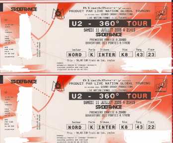 Photo : Propose à vendre Billets de concert U2 360° TOUR STADE DE FRANCE 11/07/2009 - PARIS