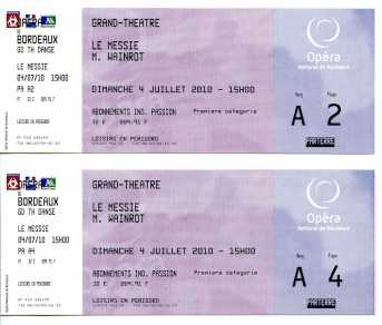 Photo : Propose à vendre Billet de concert BALLET LE MESSIE - GRAND THEATRE DE BORDEAUX