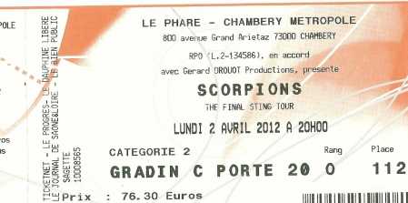 Photo : Propose à vendre Billets de concert CONCERT DE SCORPION 02.04.2012 - CHAMBERY
