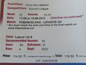 Photo : Propose à vendre Billet de concert FC BARCELONE -  LEVANTE - CAMP NOU