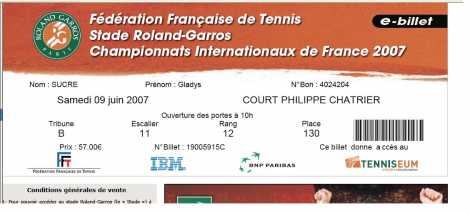 Photo : Propose à vendre Billet pour événement sportif ROLAND GARROS - PARIS