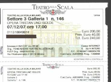 Photo : Propose à vendre Billet de théâtre TRISTANO E ISOTTA PRIMA ASSOLUTA - TEATRO ALLA SCALA PRIMA ASSOLUTA