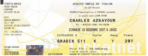 Photo : Propose à vendre Billets de concert CHARLES AZNAVOUR - ZENITH OMEGA TOULON