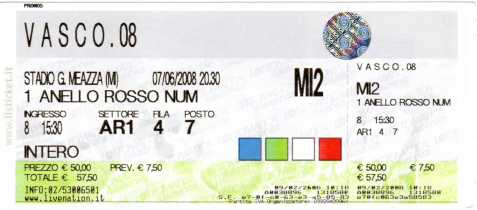 Photo : Propose à vendre Billet de concert CONCERTO VASCO 6 E  7 GIUGNO - MILANO